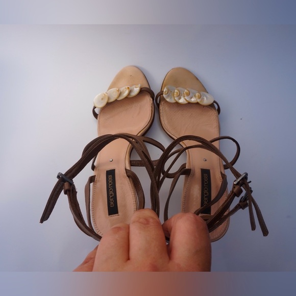 *SOLD* SERGIO ROSSI Brown Leather and Shell Strappy 3” Heels - Picture 5 of 6